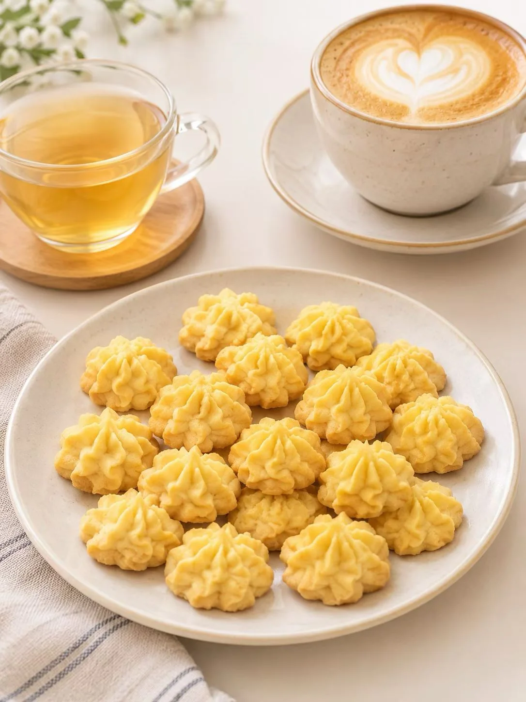 Flower-shaped cookies served with tea